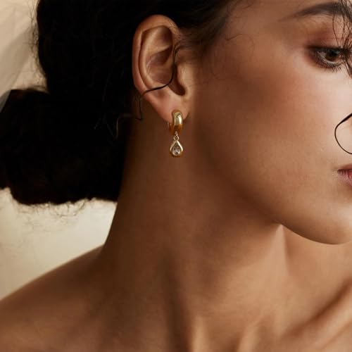 SHERLOVE Chunky Statement Gold Dangle Earrings Women Bezel Cubic Zirconia | 14K Gold Plated Huggie Hoop Drop,Dainty Trendy Elegant Fancy Formal,Hypoallergenic Lightweight Non tarnish,Statement Jewelry - color: Chunky Dangle Teardrop Gold