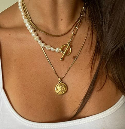 Pearl Necklace for Women Paperclip Chain Chunky Gold Necklace, Freshwater Cultured Pearls Trendy Link Chain 18K Gold Plated Dainty Pearl Choker - color: Gold Paper Clip Pearl Necklace
