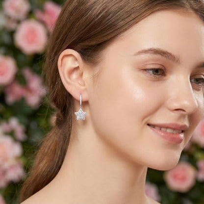 Sonateomber Christmas Tree Dangle Small Gold Hoop Earrings for Women, Cute Sparkly CZ Rhinestone Maple Clover Leaf Drop Earings Thanksgiving Holiday Accessories Fashion Jewelry Gift - color: Silver Star