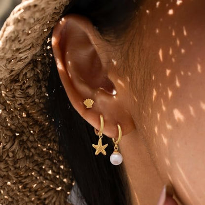 Gold Plated Earrings for Women, 14k Gold Plated Earring Stack Hypoallergenic Pearl Drop Earring Dainty Earrings for Women Trendy Cute Small Huggie Hoop Earring Fashion Womens Jewelry - color: SET18