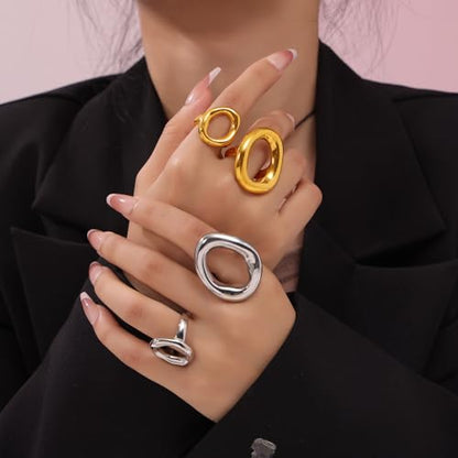 Kokoma Hollow Oval Shaped Chunky Statement Ring for Women Stainless Steel Irregular Thick Chunky Finger Band Stackable Rings Geometric Ring Minimalist Jewelry - color: Silver
