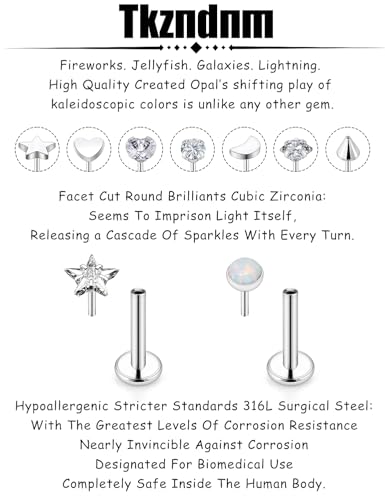 Threadless Noses Rings, Flat Back Earrings, 20/18/16g-Gauge 5/16in-Post 3mm-Top, Hypoallergenic Surgical Steel Medusa Lip Labret Cartilage Helix Tragus Conch Piercing Jewelry for Women Men - color: White, size: 16g*8mm