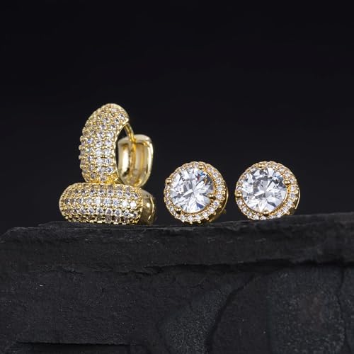 Earrings for Men 14K Gold Plated Hypoallergenic Mens Hoop Earrings | Cubic Zirconia Round/Square Stud with Huggie Hoop Earring Set,Mens Cartilage Studs for Sensitive Ear,Jewelry Gift for Him - color: Round Stud & Huggie - Gold
