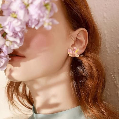 Gold Bow Earrings for Women, Long Tassel Chain Drop Earrings, Trendy Small Bow Earrings, Ribbon Waterfall Dangling Earrings, Pearl Bow Earrings, Sparkly Elegant Bowknot Preppy Jewelry Gifts for Women - color: Pink3-R
