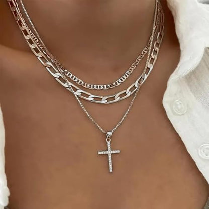 Cross Necklace for Women,Stackable Stacked Stacking Layering Layered Necklaces Dainty Gold Necklace Paperclip Box Flat Mariner Chain Necklace Cross Pendant CZ Diamond Simple Jewelry Gift - color: SL