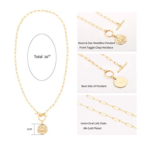 Aobei Pearl 18K Gold Plated Moon Star Lion Evil Eye Love Heart Cross Pendant Necklace Medallion Paperclip Chian Choker Layering Jewery for Women - color: 18K Gold Plated Moon and Star