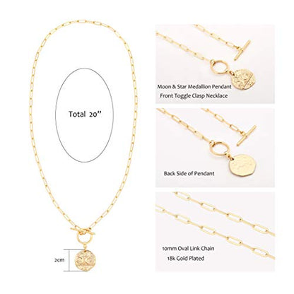 Aobei Pearl 18K Gold Plated Moon Star Lion Evil Eye Love Heart Cross Pendant Necklace Medallion Paperclip Chian Choker Layering Jewery for Women - color: 18K Gold Plated Moon and Star