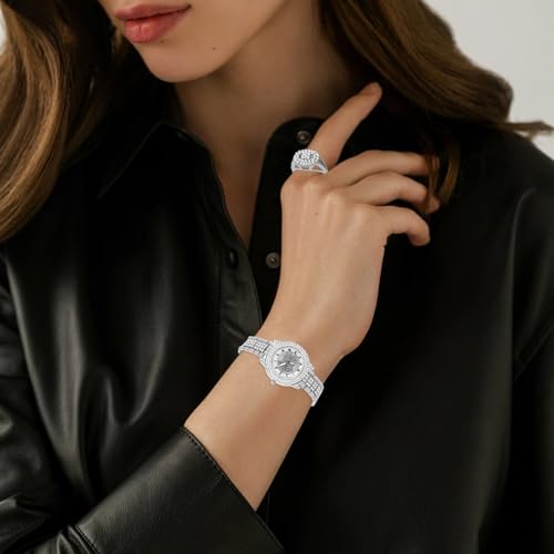 NEWITIN 13 Pieces Silver Jewelry Set for Women Stainless Steel Cuban Link Necklaces Bracelets Earrings Watch Ring Bling Cubic Zirconia Cuban Jewelry Set for Women Men - color: Silver Jewelry Set