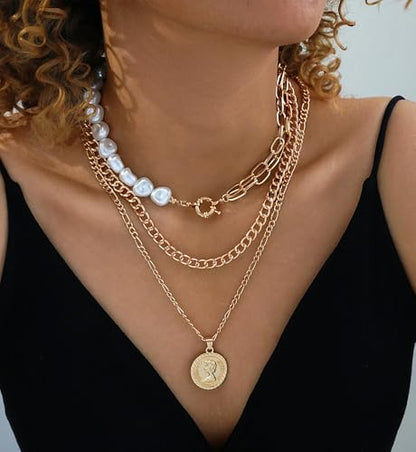 iF YOU Vintage Gold Layered Necklaces for Women Trendy, Chunky Cuban Link Paperclip Chains Necklace Stack, Coin Pendant Necklace Set Jewelry Gifts - style: 3-layer pearl necklaces