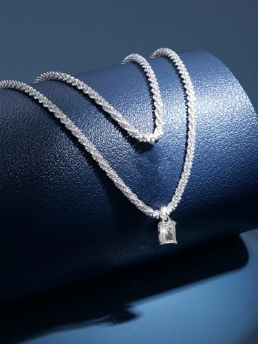 Minimal Double Layer Chain Necklace in Gold or Silver Tone, Lightweight Collar Chain for Everyday Layering - color: Silver, style: Square Pendant