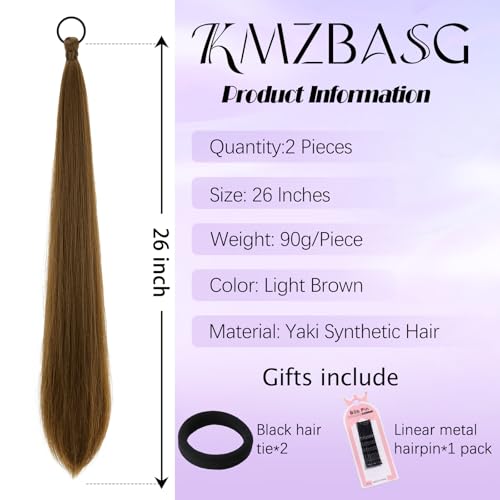 Light Brown Ponytail Extension with Hair Tie DIY Braided Ponytail Extension for Woman 2 PCS Warp Around Yaki Straight Sleek Hairpieces Light and Soft Fluffy Stayle Ponytail for Women Daily Party Use - color: Light Brown