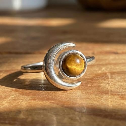 Sun and Moon Ring, Adjustable Natural Stone Rings for Women & Men, Boho Celestial Jewelry for Daily Wear - color: Tiger's Eye