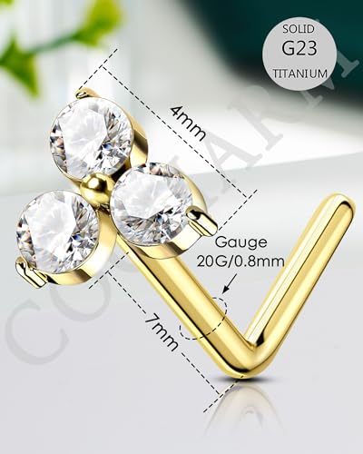COCHARM Minimalist Titanium Nose Stud, 20g L Shape Flower Nose Ring Stud Cute G23 Titanium Surgical Steel Silver Nostril Piercing with Clear CZ Hypoallergenic - style: TripleCZ-Gold