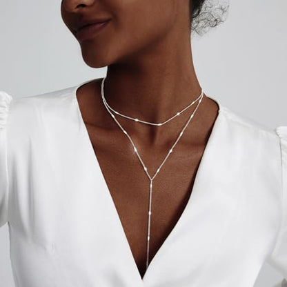 Luxval Lariat Gold Necklace for Women, Dainty Long Necklace 14k Gold Plated/Silver Y-Shaped Pendant Necklaces Trendy Beaded Chain Drop Necklaces Jewelry for Women Gifts - color: Silver-Y Layered Shinny Necklace