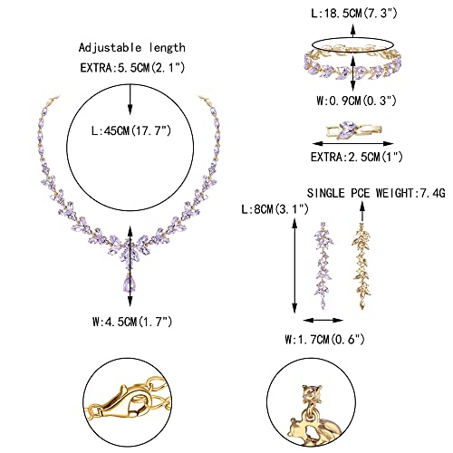 EVER FAITH Marquise Crystal Leaf Bridal Prom Jewelry Set for Women Bride | Rhinestone Wedding Party Necklace Dangle Earrings Tennis Bracelet, for Bridesmaid - color: Light Purple Gold-Plated-Base