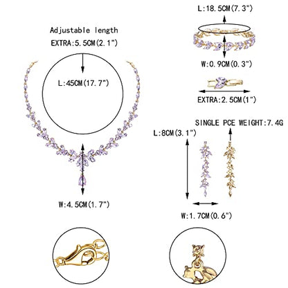 EVER FAITH Marquise Crystal Leaf Bridal Prom Jewelry Set for Women Bride | Rhinestone Wedding Party Necklace Dangle Earrings Tennis Bracelet, for Bridesmaid - color: Light Purple Gold-Plated-Base