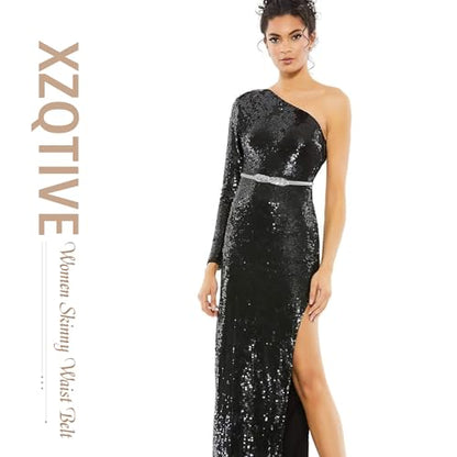 XZQTIVE 2 Pieces Women Skinny Metal Chain Waist Belt Stretchy Saree Cinch Belt for Dress Gold Sliver - color: 04 Smooth/Six-gold, size: Fit waist 26-29 in
