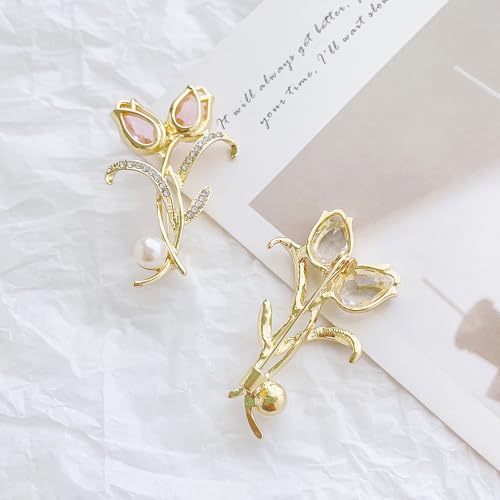 Rhinestone Tulip Brooch Pin for Women Fashion Elegant Botanical Flower Vintage Brooch Lapel Pin Delicate Pink Tulip brooch Wedding Banquet Gift - style: White
