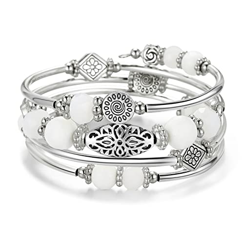 FULU AUTUMN Stackable Beaded Bracelets for Women Boho Wrap Silver Bracelet Layered Fashion Jewelry Gifts for Her - color: Porcelain White