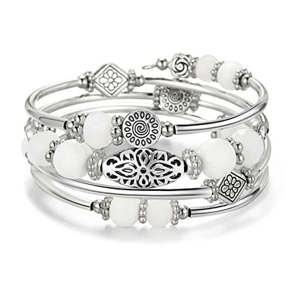 FULU AUTUMN Stackable Beaded Bracelets for Women Boho Wrap Silver Bracelet Layered Fashion Jewelry Gifts for Her - color: Porcelain White