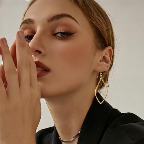 SPOINT 14K Gold Hoop Earrings for Women Gold Dangle Earrings for Women | Twisted Gold Hoop Earrings Rhombic 14K Gold Hoop Earrings Infinity Hanging Gold Dangle Drop Earrings for Women 25mm