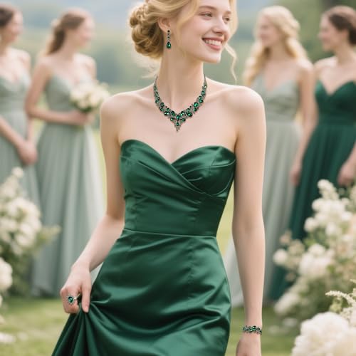 Wedding Bridal Jewelry Set for Women Bride Bridesmaids | Gorgeous Austrian Crystal Teardrop Cluster Statement Necklace Dangle Earrings Link Bracelet Set Prom Jewellery - color: 4Pcs-Emerald Color