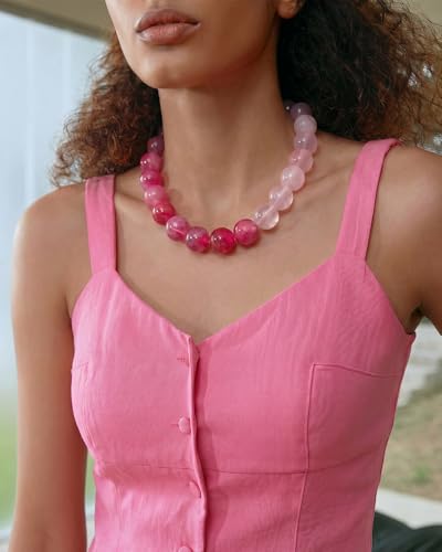 Chunky Beaded Choker Necklace for Women Boho Statement Necklace with Large Pearl Blue Brown Tone Resin Beads Summer Beach Jewelry Gifts - color: Gradient Pink