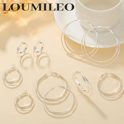 LOUMILEO 14k Gold Plated 925 Sterling Silver Post Double Hoop Earrings Hypoallergenic Lightweight Thin Large Hoop Earrings for Women 25/30/40/50/60mm - color: Silver-50mm