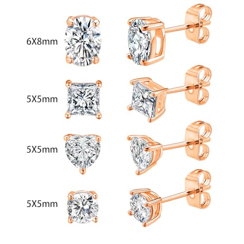 CZ Stud Earrings Set 4 Pairs, Multiple Shapes - Round Heart Princess Cut Oval Clear Cubic Zirconias, White Gold/Rose Gold/Gold - color: Rose Gold