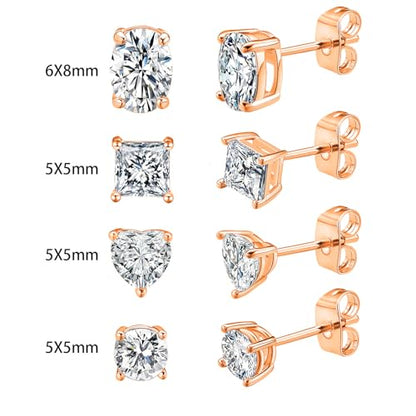 CZ Stud Earrings Set 4 Pairs, Multiple Shapes - Round Heart Princess Cut Oval Clear Cubic Zirconias, White Gold/Rose Gold/Gold - color: Rose Gold