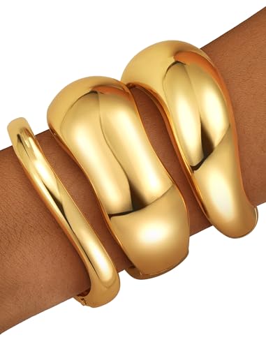 Chunky Gold Bangle Bracelets for Women – 14k Gold Plated | Cuff Bangles, Stackable Bracelet Set, Wide Trendy Fashion, Jewelry Gift - color: 02-Gold-3pcs