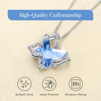 Butterfly Necklace, Birthstone Crystal, for Women, Silver Tone Pendant Jewelry, Anniversary Birthday Gift for Her, Wife & Mom, 18"+2" - color: 03-March & December Birthstone - Light Sapphire Blue Crystal