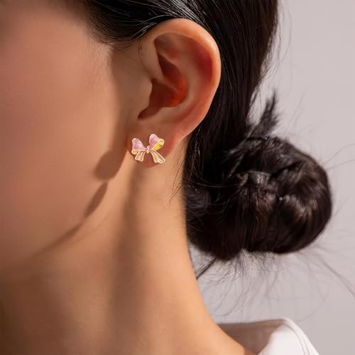 Gold Bow Earrings for Women, Long Tassel Chain Drop Earrings, Trendy Small Bow Earrings, Ribbon Waterfall Dangling Earrings, Pearl Bow Earrings, Sparkly Elegant Bowknot Preppy Jewelry Gifts for Women - color: Pink3-R