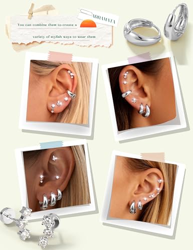 ADRAMATA Hypoallergenic Gold Earrings Stack for Women - 7Pairs Surgical Steel Small Chunky Huggie Hoops & Flat Back Stud Earrings Set Silver Cartilage Jewelry Trendy Christmas Gifts - style: Chunky - Silver