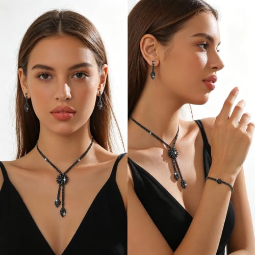 4 Pieces Cubic Zirconia Wedding Jewelry Sets for Bride Rhinestone Bridal Jewelry Set Necklace Bracelet Earring Ring for Brides Bridesmaid for Wedding Party - color: 3 PCS-Black