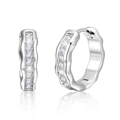 Silver Hoop Earrings, Small Chunky Silver Shiny Cubic Zirconia Twisted Hoop Earrings for Women Trendy Hypoallergenic Lightweight Thick Wave Huggie Earing Jewelry for Women Gifts in Box - color: Sliver