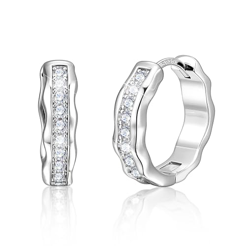 Silver Hoop Earrings, Small Chunky Silver Shiny Cubic Zirconia Twisted Hoop Earrings for Women Trendy Hypoallergenic Lightweight Thick Wave Huggie Earing Jewelry for Women Gifts in Box - color: Sliver