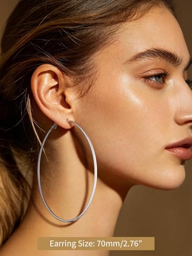 FindChic Thin Hoop Earrings for Women,Silver/Black/Gold Plated 20-100mm - color: Silver, size: 70mm