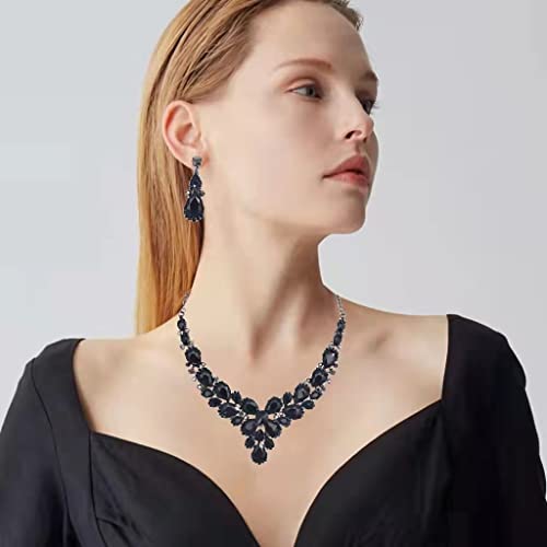 Women's Wedding Bridal Austrian Crystal Glass Teardrop Statement Necklace Dangle Earrings Bracelet Ring Wedding Party Jewelry Set for Bridal Bridesmaid - color: All Black-Jet