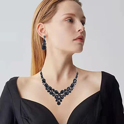 Women's Wedding Bridal Austrian Crystal Glass Teardrop Statement Necklace Dangle Earrings Bracelet Ring Wedding Party Jewelry Set for Bridal Bridesmaid - color: All Black-Jet