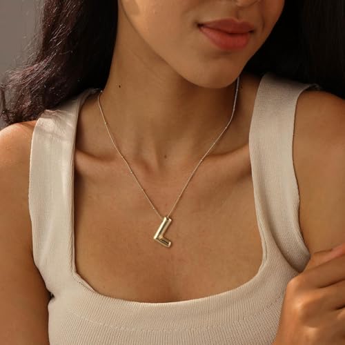 Ewrkbrㅤ Initial Necklaces for Women, 14k Gold Plated Bubble Letter Necklace Chunky Gold Necklace Dainty Charm Initial Necklaces for Women Trendy Custom Preppy Stocking Stuff Necklace Christmas Gifts - color: Gold, style: L