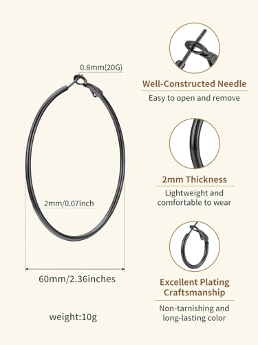 FindChic Thin Hoop Earrings for Women,Silver/Black/Gold Plated 20-100mm - color: Black, size: 60mm