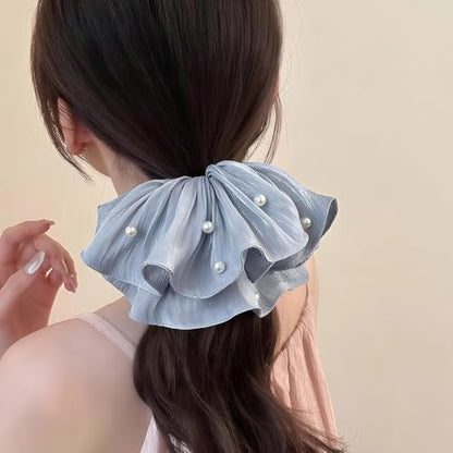 3Pcs Flowing Satin Scrunchies for Women Big Scrunchie with Pearl Pleated Satin Scrunchie Elastic Hair Ties White Black Blue Cute Scrunchy Ponytail Holders Large Scrunchies Womens Hair Accessories