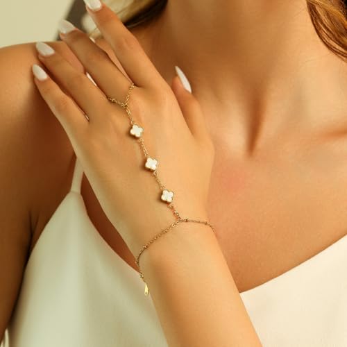 Hand Chain Bracelets for Women 14K Gold Plated Dainty Link Bracelet Bracelets Trendy Ring Bracelet Birthday Jewelry Gifts for Women - style: White Clover