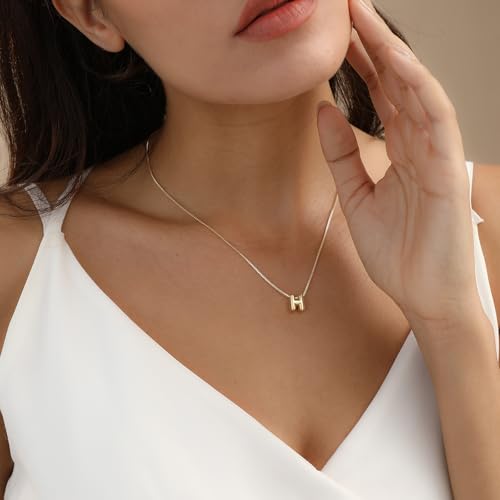 14K Gold Plated Bubble Letter Necklace, Tarnish Free and Waterproof Dainty Initial Necklace for Women, Trendy Personalized Gold Jewelry Gift for Her - color: Gold, style: H