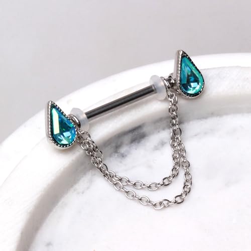Pierced Owl 14GA 316L Stainless Steel Aqua Teardrop Crystals with Dangling Chains Nipple Barbells, Sold as a Pair