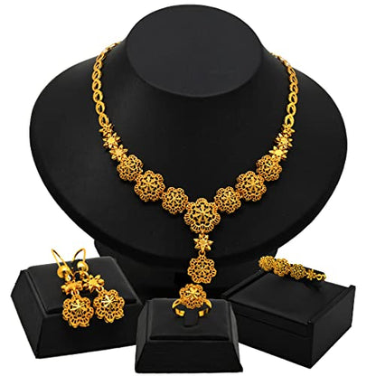 indian Women Jewelry Necklace Set african Dubai Bride Wedding Prom Fashion Jewelry 24K Gold Plated Necklace Bangles Rings Earrings - color: S-04