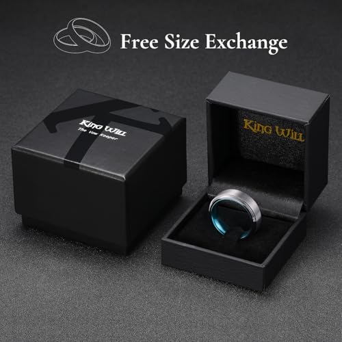 King Will Mens Brushed Wedding Band, Two Tone Matte Step Edges/Pipe Cut, Tungsten Carbide Anniversary Promise Rings Comfort Fit - color: Silver&Ice Blue-8mm