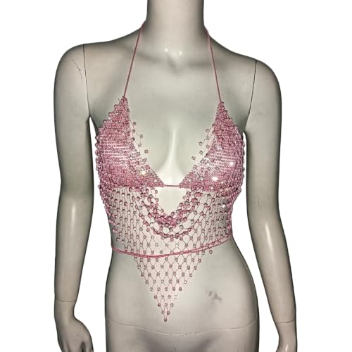 Bikini Rhinestone Mesh Top Shirt Crystal Bra Body Chain Festival Rave Crop Tank Top Summer Beach Underwear for Women - color: Pink
