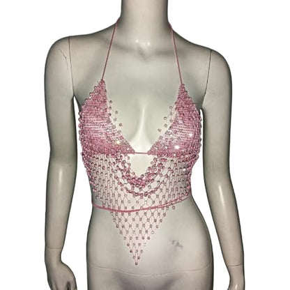 Bikini Rhinestone Mesh Top Shirt Crystal Bra Body Chain Festival Rave Crop Tank Top Summer Beach Underwear for Women - color: Pink